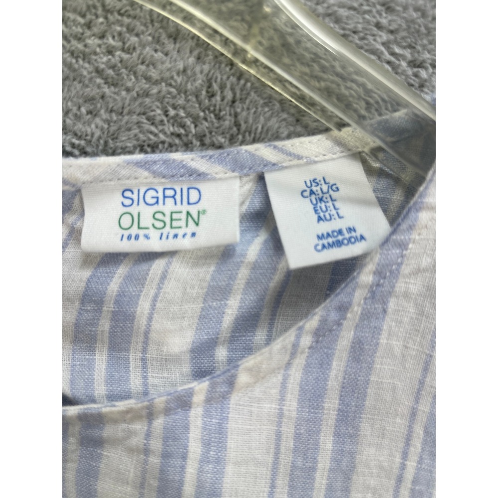 Sigrid Olsen Dress Women Large Blue Striped Linen Sleeveless Midi Shift Slits - Picture 4 of 11